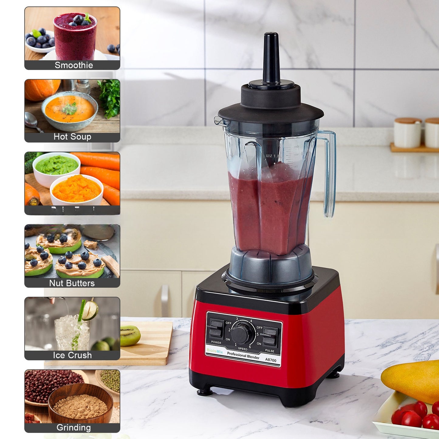 A8700 Commercial High-Performance Blender | 2200W, 2L, Industrial Style, 4-5 Servings, EU/UK/US, Red