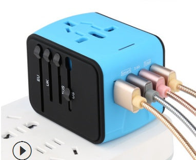Universal Travel Adapter with USB Charging | 170+ Countries | 100–250V | 1500W | 5V/3.7A USB | CE/RoHS/FCC | 66×53×52mm | Black, Blue & Green