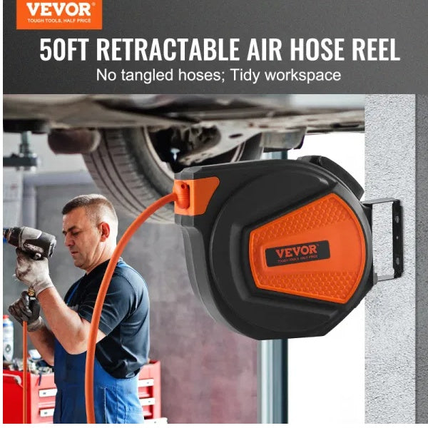 VEVOR Retractable Air Hose Reel | 3/8" x 50ft, 300 PSI, Auto-Rewind, 180° Swivel Mount, Workshop & Garage