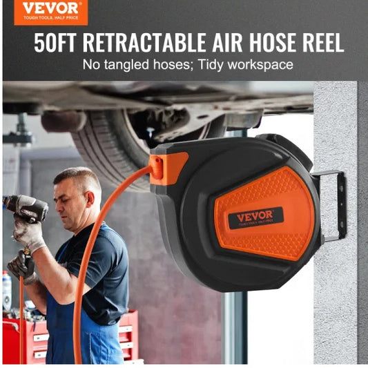 VEVOR Retractable Air Hose Reel | 3/8" x 50ft, 300 PSI, Auto-Rewind, 180° Swivel Mount, Workshop & Garage