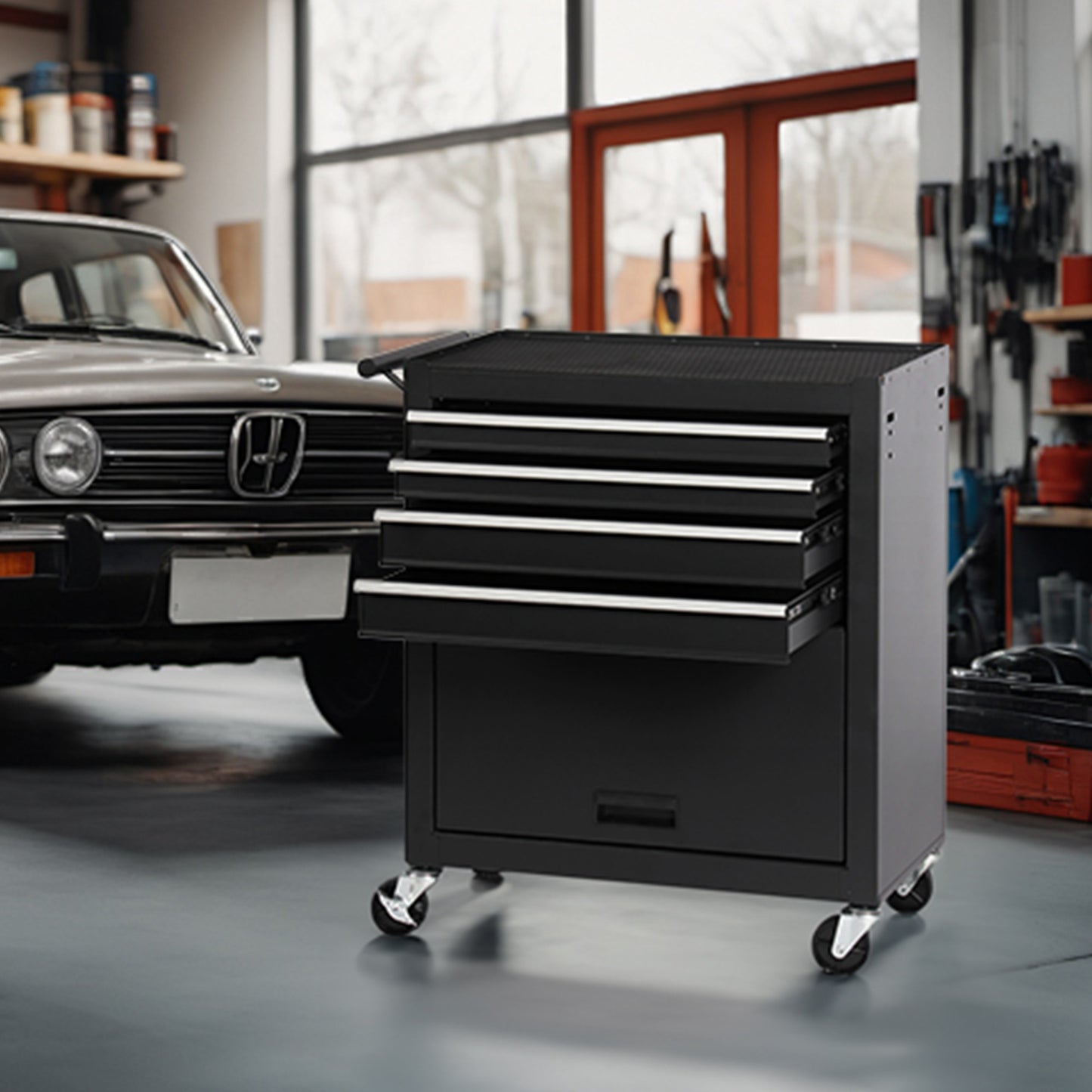 4-Drawer Rolling Tool Cart | Cold-Rolled Steel, 4 Casters, Ball-Bearing Drawers, Garage & Workshop, Black
