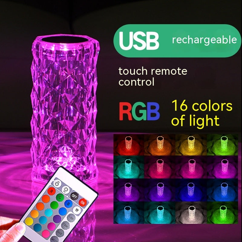 Crystal Rose LED Atmosphere Table Lamp | 2W | RGB 16-Colour, 7-Colour, Tricolour & Warm White | Touch & Remote | Rechargeable, USB & Battery | Ø7.5×16cm | 10 Styles | Gift & Decor
