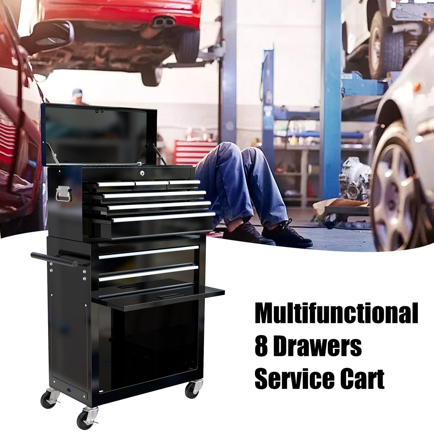8-Drawer Rolling Tool Chest with Wheels | Central Lock, Ball-Bearing Drawers, Powder-Coated Steel, Black