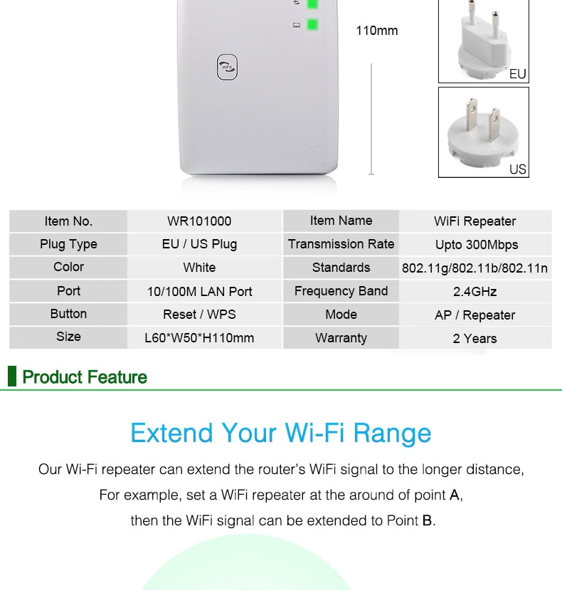 300Mbps WiFi Repeater & Range Extender | 2.4GHz | VPN | WPS | WDS | 802.11b/g/n | EU & US Plug | Black & White | Single, 2-Pack & 3-Pack