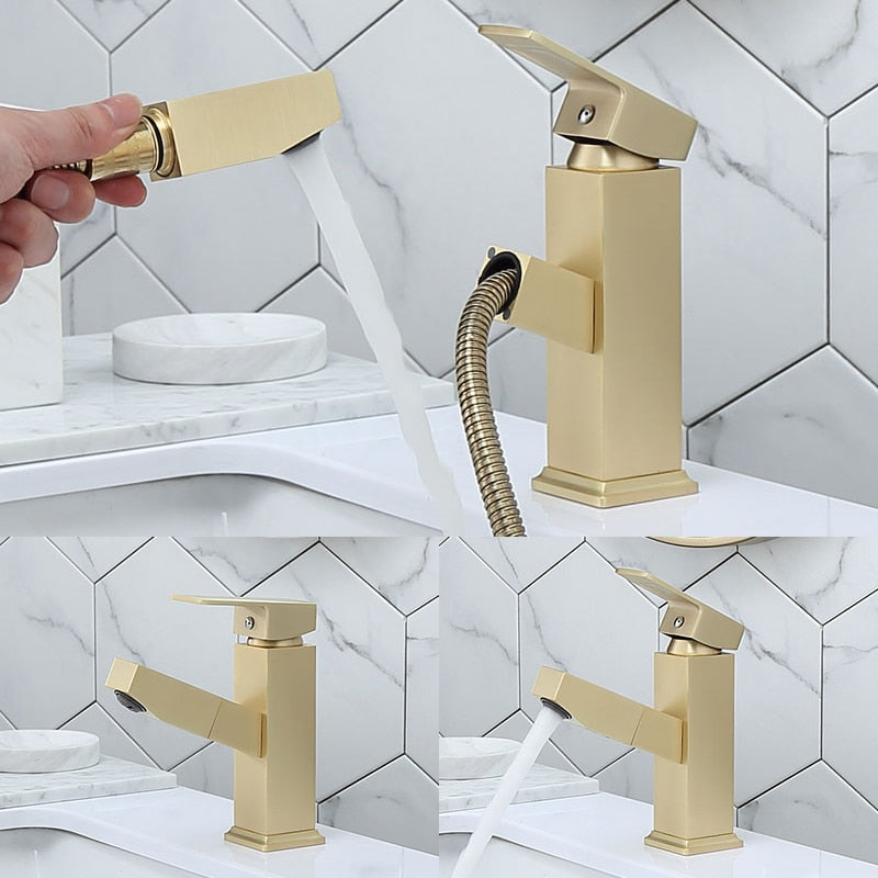 Nordic Brass Brushed Gold Pull-Out Faucet | Hot & Cold, Square Design, High & Low Spout, Golden