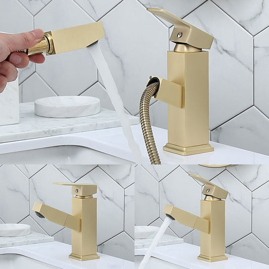 Nordic Brass Brushed Gold Pull-Out Faucet | Hot & Cold, Square Design, High & Low Spout, Golden