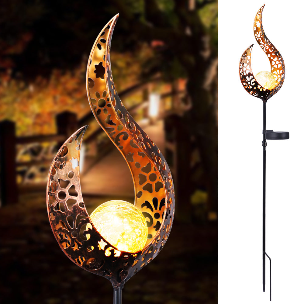 Solar Iron & Glass Garden Stake Light | IP55 | 0.5W Warm White LED | 6–8hr Runtime | 100,000h | 78×17×6cm | 2V Solar | 600mAh | Cutout, Flame, Star, Sun & White | Pathway & Garden Decor