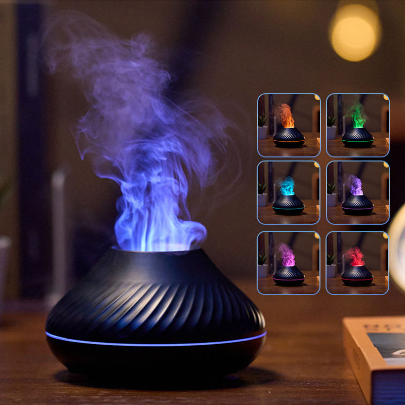 3D RGB Flame Aroma Diffuser & Humidifier | 130ml | 15–20ml/h | 6–9hr | Type-C | Auto Shut-Off | CE/RoHS/FCC | Essential Oil Compatible | Black & White | Bedroom & Office
