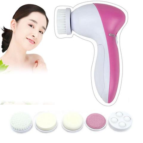 Electric Facial Cleansing Brush & Massager | 2-Speed | 5 Attachments | 2×AA Battery | 130×70×48mm | Exfoliate, Cleanse & Massage | Blue & Pink | 1pc, 2pc & 3pc