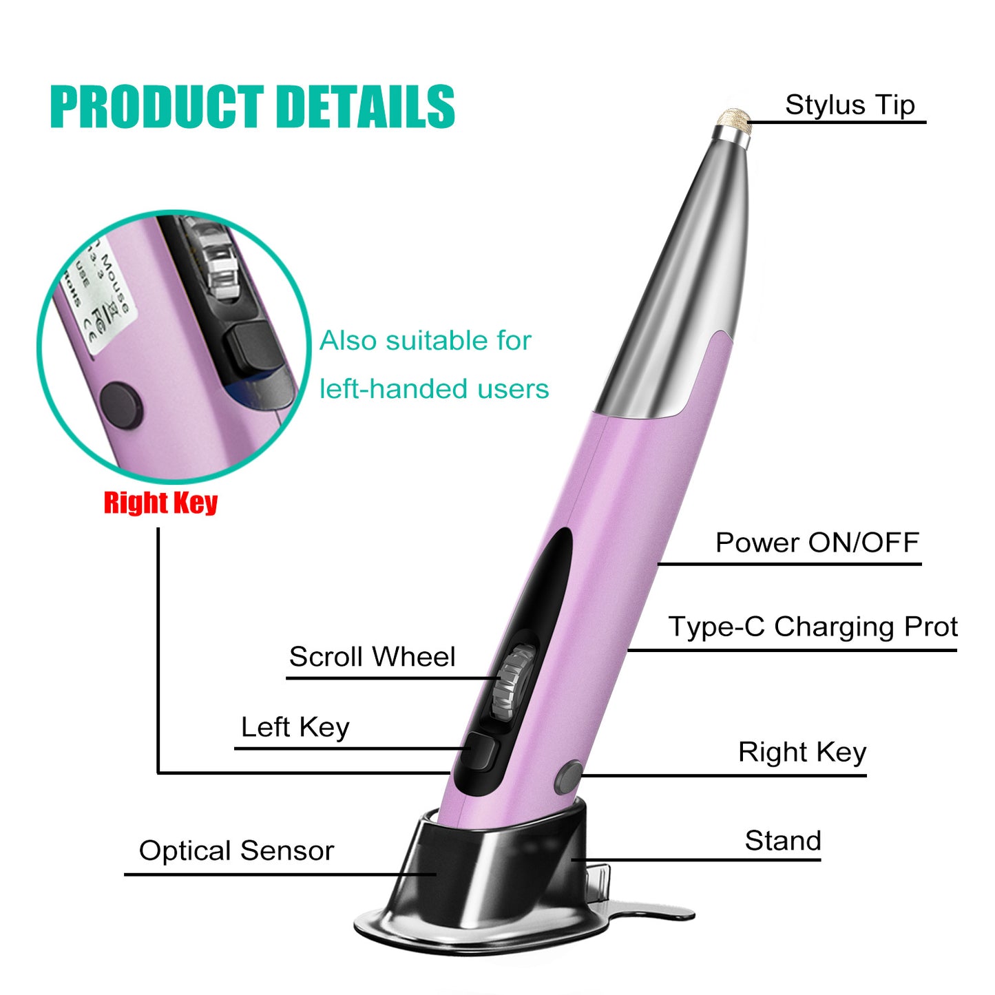 2.4GHz Wireless Pen Mouse | 1600DPI, 4-Button, Ergonomic Pen Grip, NANO Receiver | Pink, Silver & Yellow