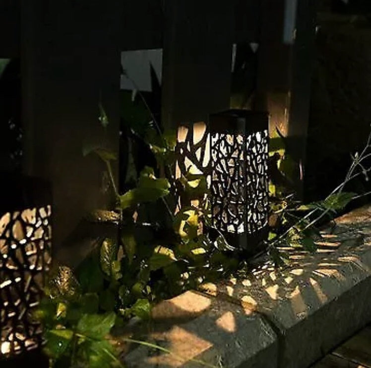 Solar Garden Pathway Stake Lights | Hollow-Carved Shell | 2LM | 3000K & Cool White | 300mAh | 4–10hr Runtime | Auto Dusk-to-Dawn | Waterproof | 6×6×28.5cm | 1–12pc Packs