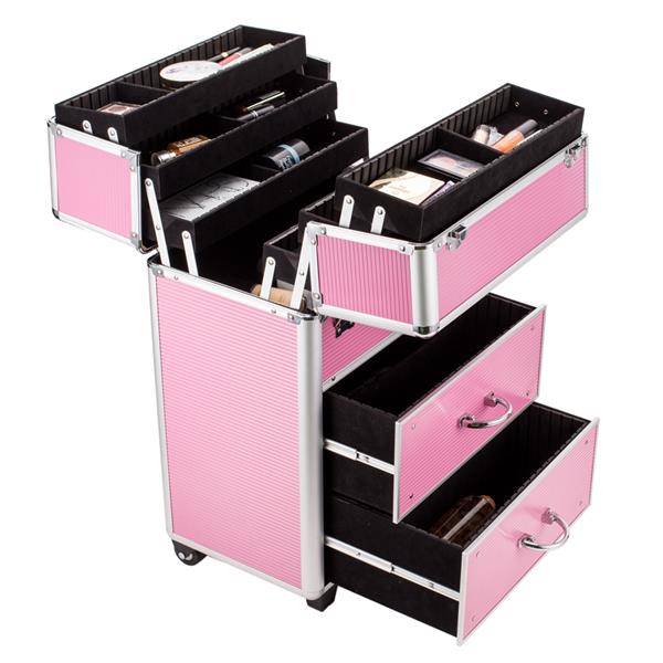 Professional Aluminum Makeup Train Case | 9 Drawers, Lockable, Adjustable Handle, Travel MUA Case, Pink