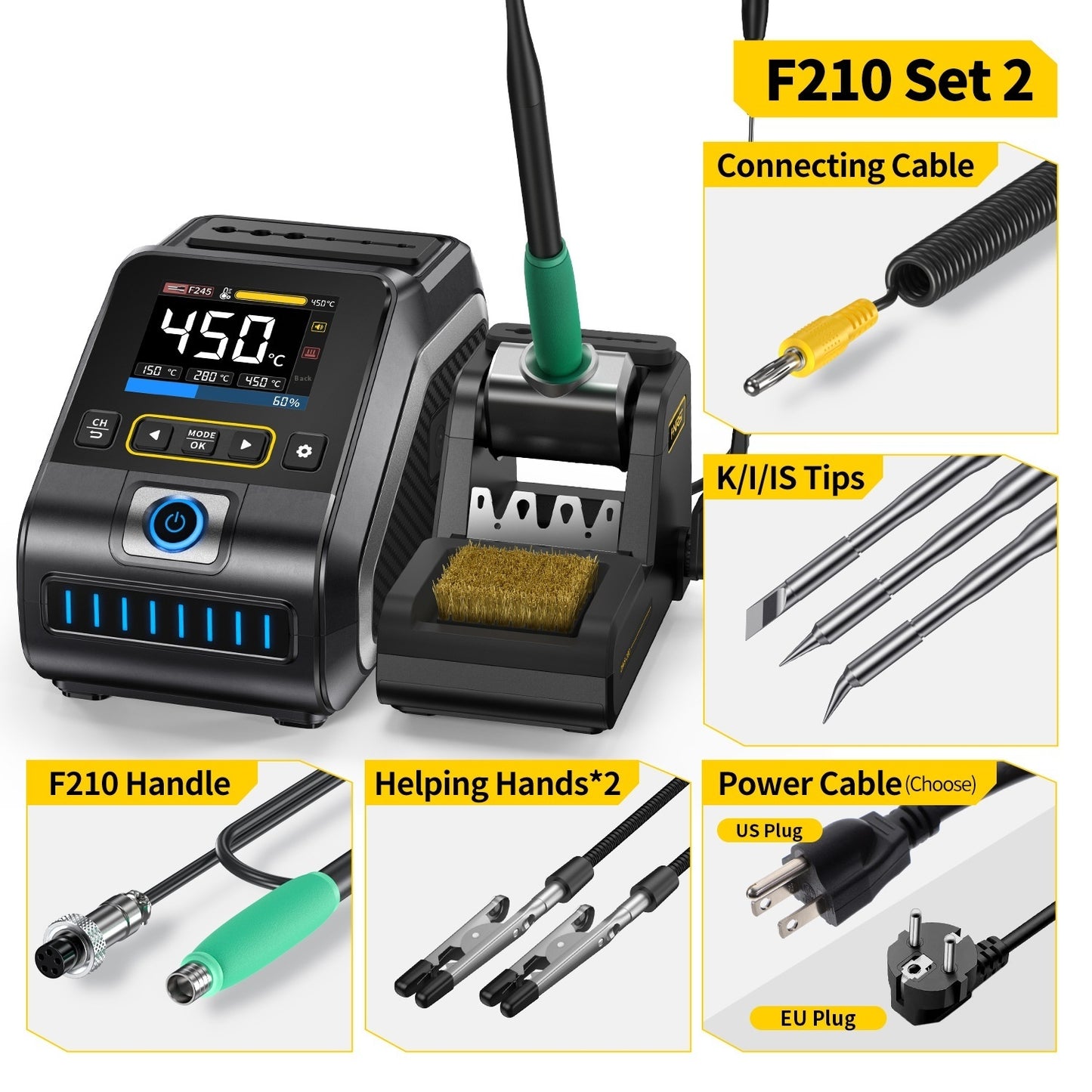 Intelligent Constant Temperature Soldering Station | 110-250V, F210/F245 Tips, Multi-Head, US/EU/CN Plug