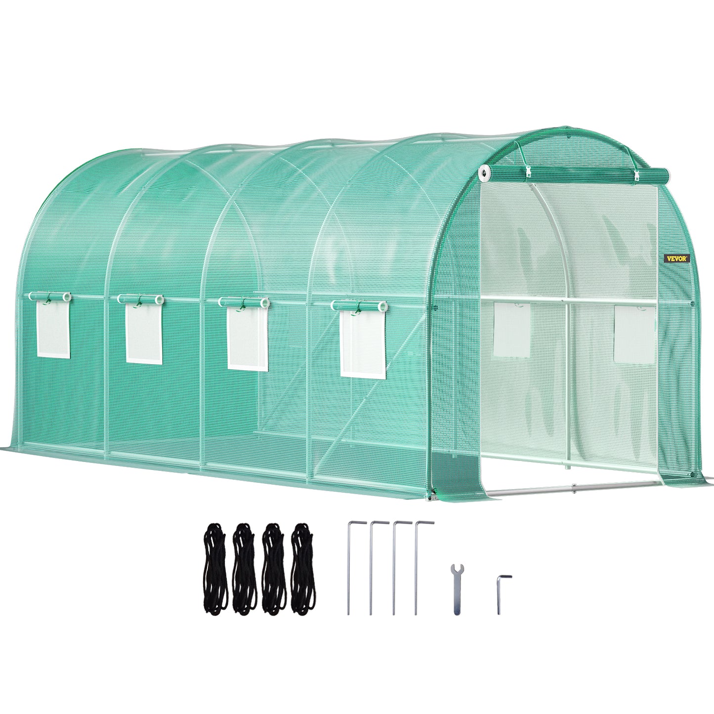 VEVOR 15×7×7ft Walk-in Tunnel Greenhouse | Galvanized Steel Hoops, 8 Roll-Up Windows, Zippered Door, Green