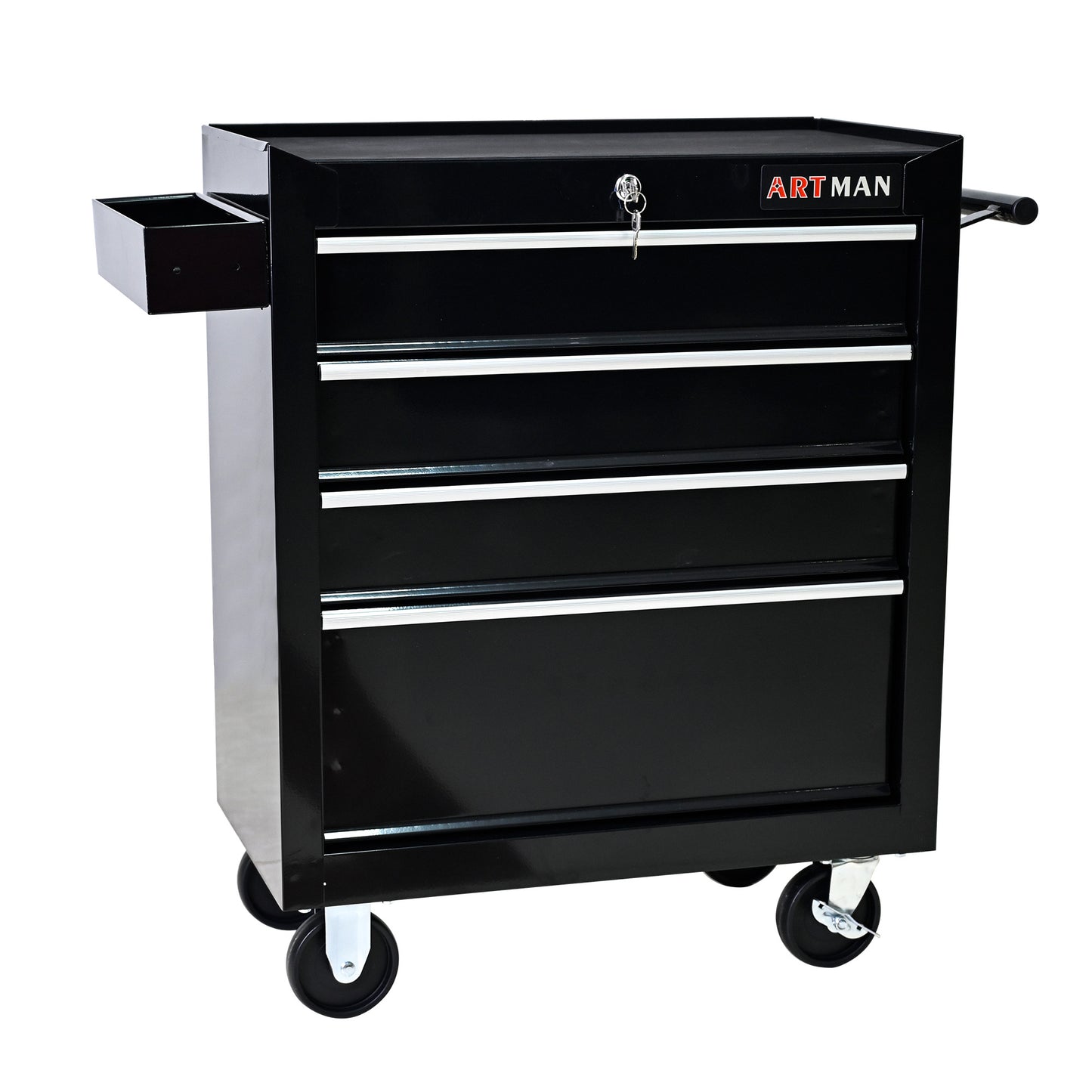 4-Drawer Multifunctional Tool Cart with Wheels | Lockable, Ball-Bearing Drawers, Powder-Coated Steel, Black