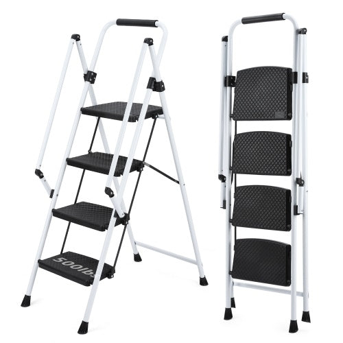 4-Step Folding Steel Ladder Stool | Anti-Slip Wide Pedals, Safety Handle, Multi-Purpose, White