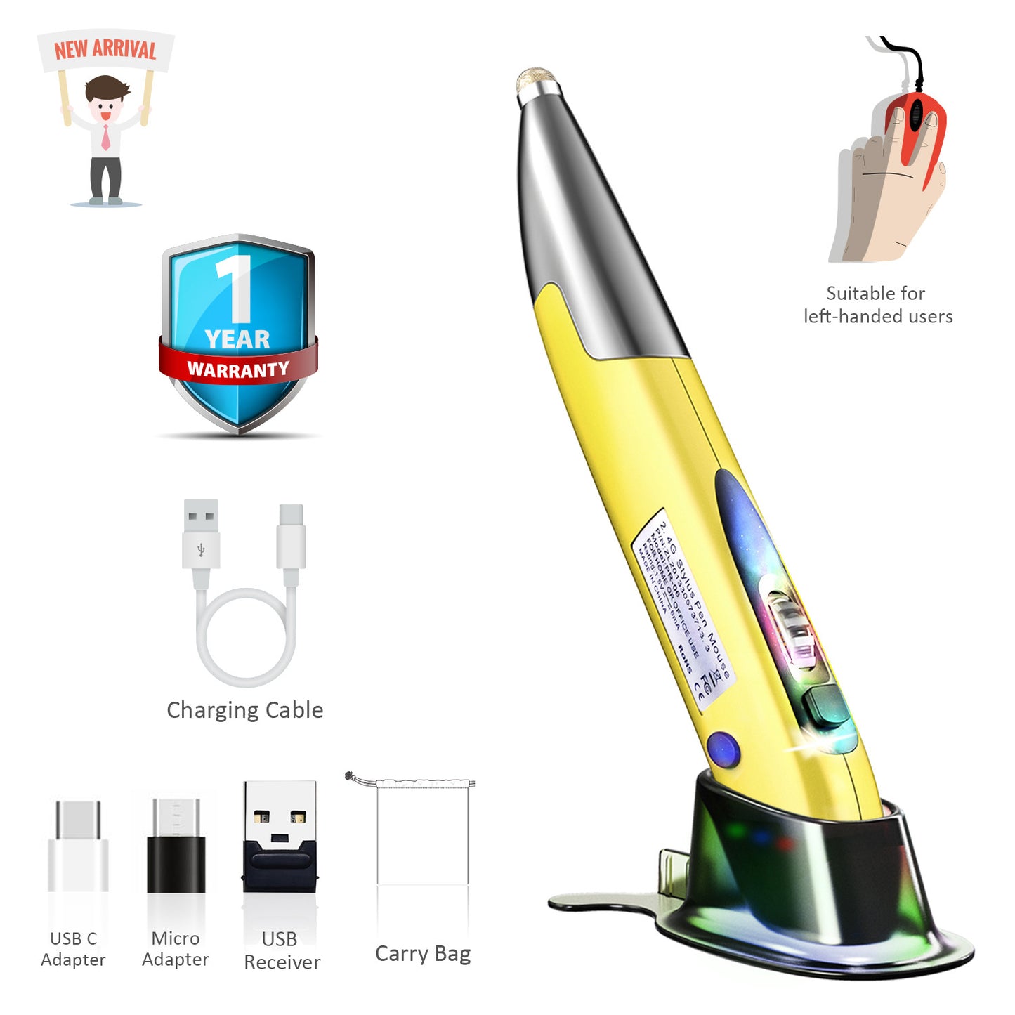 2.4GHz Wireless Pen Mouse | 1600DPI, 4-Button, Ergonomic Pen Grip, NANO Receiver | Pink, Silver & Yellow