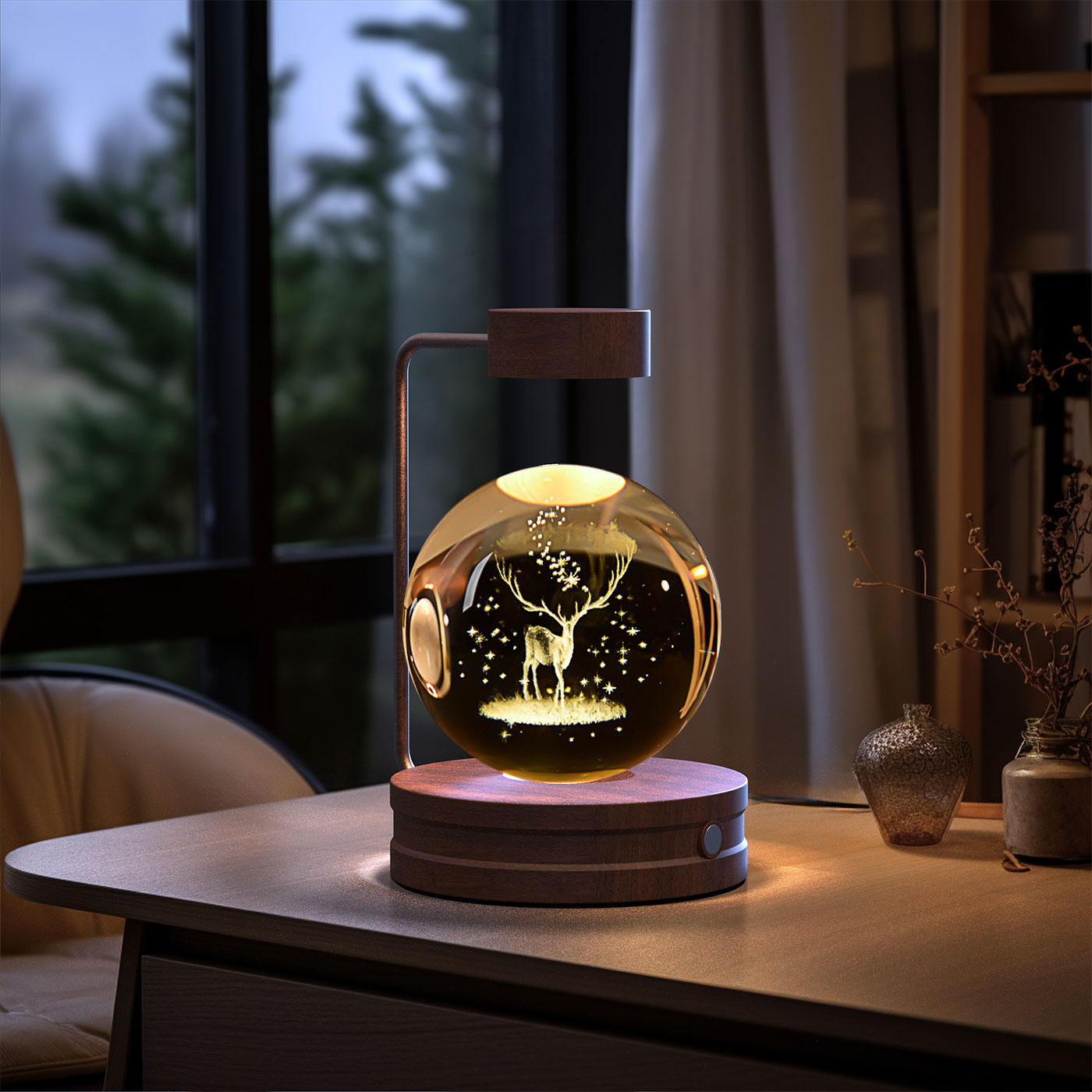 3D Crystal Glass LED Night Light | Touch Switch | USB Rechargeable | Walnut Wood Base | 27 Designs | Dark & Light Wood | Bedroom, Gift & Home Decor