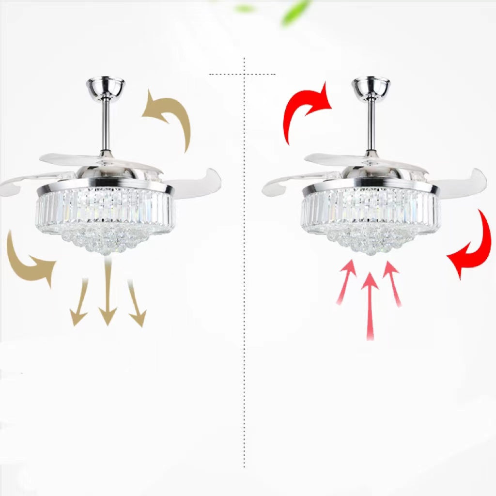 European Crystal LED Ceiling Fan with Stepless Dimming | 36", 42" & 48", Chrome & Gold, ABS Blades, Variable Frequency