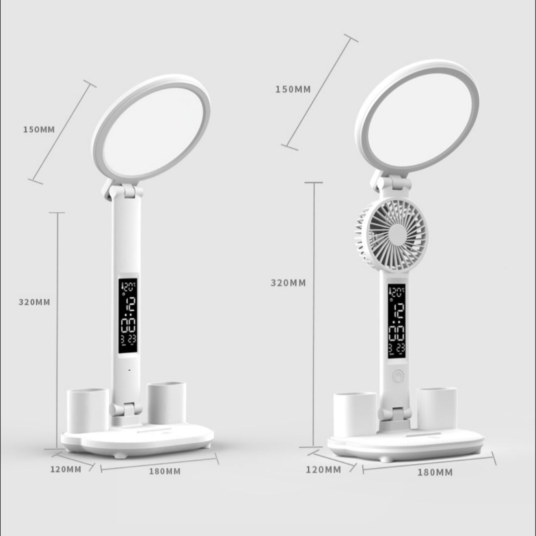 LED Clock Desk Lamp | 7W | 40 LEDs | 3-Colour + Dimmer | USB Rechargeable | Fan & Pen Holder | 2000 & 3200mAh