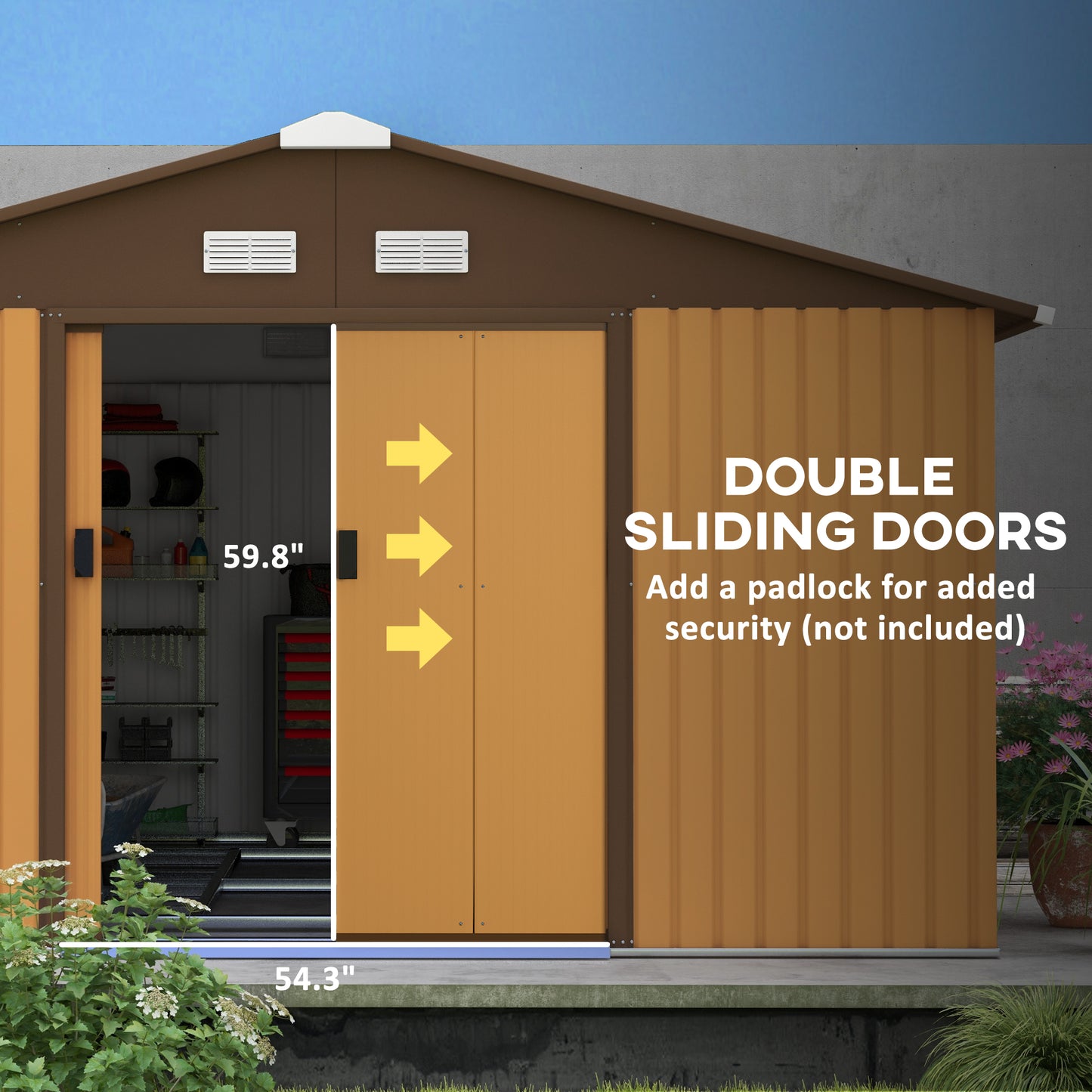 Garden Metal Storage Shed | Double Locking Doors, Outdoor Utility Shed for Bikes & Yard Tools, Brown
