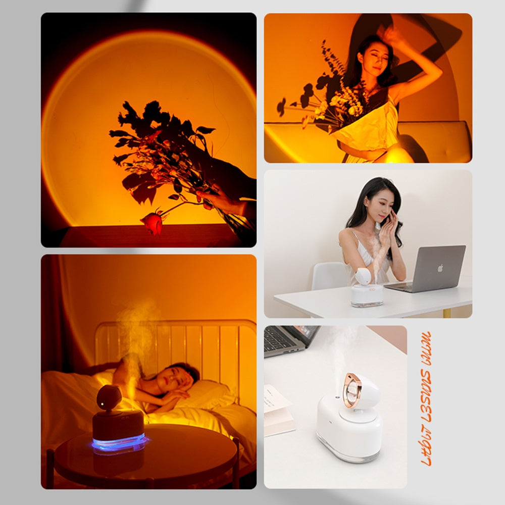 2-in-1 Sunset Projection Lamp & Air Humidifier | 5W | 2000mAh | 2–8hr Timer | Auto Shut-Off | <36dB | 13.3×9.2×14.6cm | USB & Battery | White | Home, Bedroom & Office