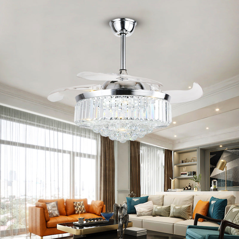 European Crystal LED Ceiling Fan with Stepless Dimming | 36", 42" & 48", Chrome & Gold, ABS Blades, Variable Frequency