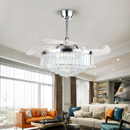 European Crystal LED Ceiling Fan with Stepless Dimming | 36", 42" & 48", Chrome & Gold, ABS Blades, Variable Frequency
