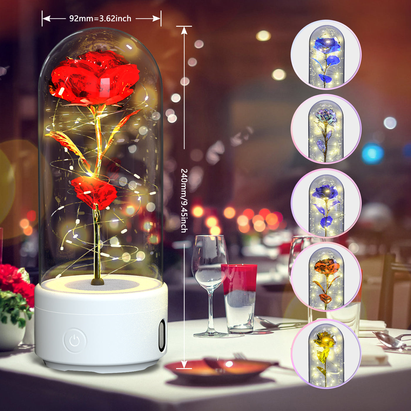2-in-1 Eternal Rose LED Light & Bluetooth Speaker | Glass Dome | Handmade Preserved Flower | Copper Wire LED | HD Sound | Black & White Base | 5 Flower Colours | Valentine's & Gift