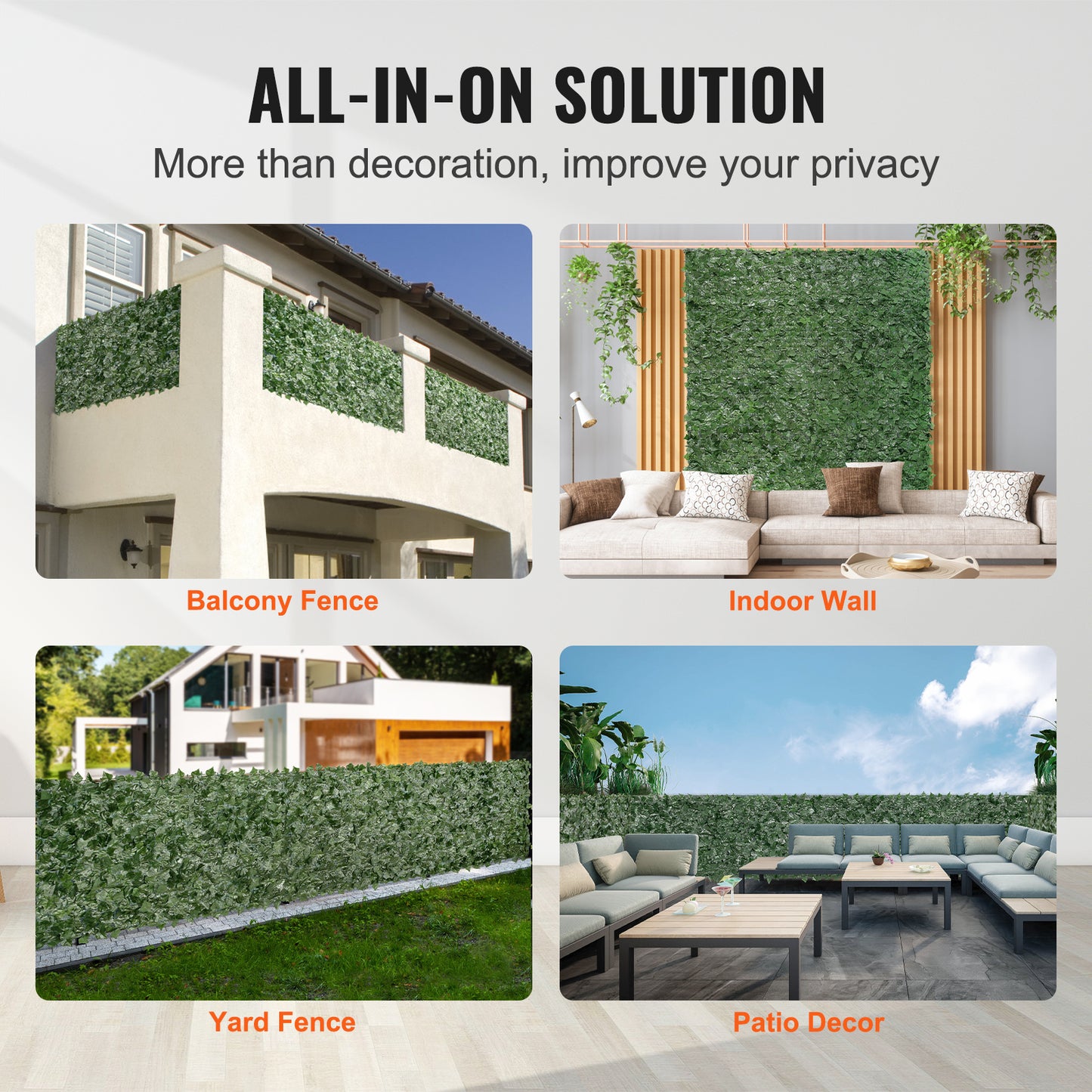 VEVOR 96×72" Artificial Ivy Privacy Fence Screen | Faux Hedge Green Wall, Mesh Backing, Garden & Balcony