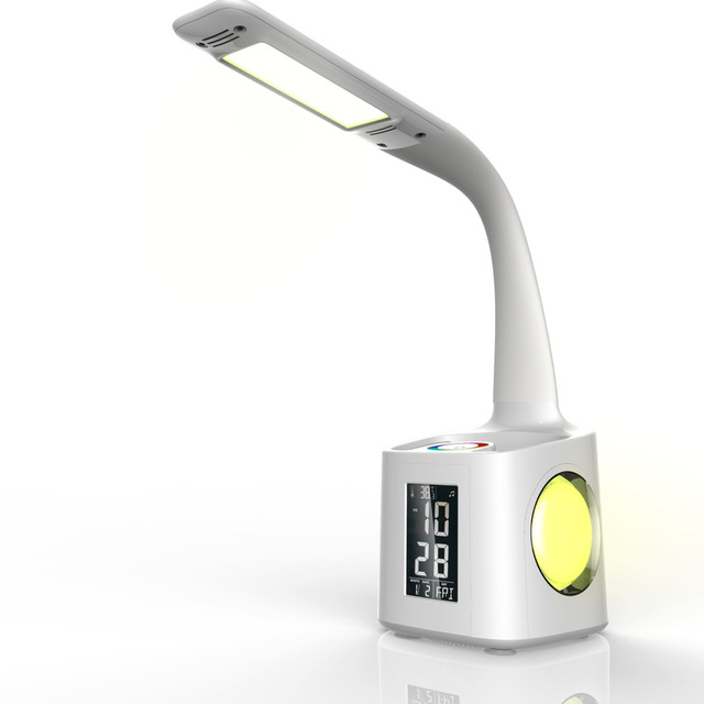7-in-1 LED Desk Lamp | 8W | USB Charging Port | 256-Colour Base | Clock, Calendar & LCD | Pen Holder | Gooseneck | 3-Level Dimming | White