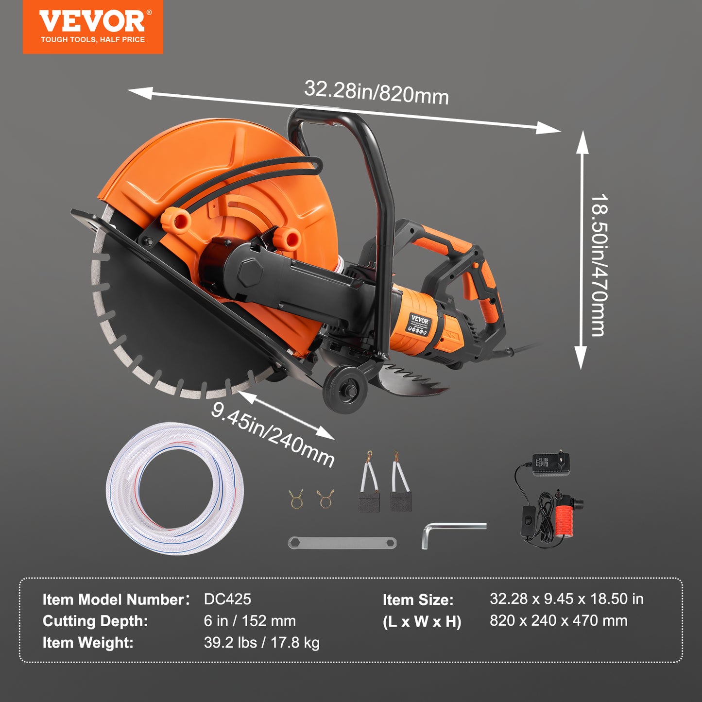 VEVOR 16" Electric Concrete Circular Saw | 3200W, 15A, 6" Cutting Depth, Wet Saw, Water Pump & Blade Included