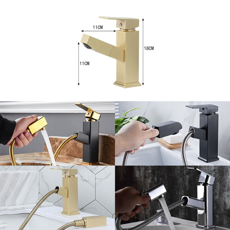 Nordic Brass Brushed Gold Pull-Out Faucet | Hot & Cold, Square Design, High & Low Spout, Golden