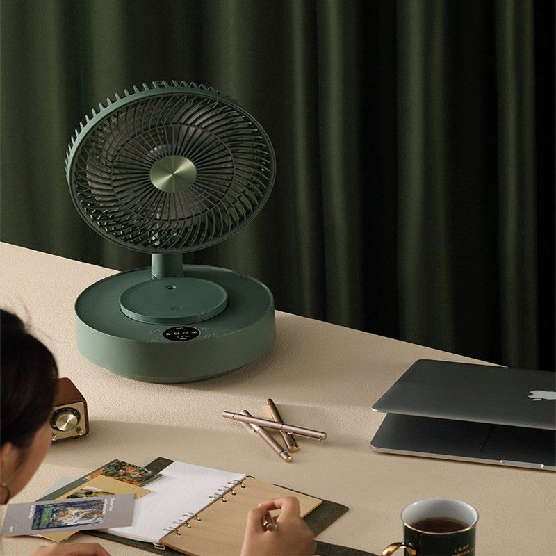 Model 908 Telescopic Foldable Rechargeable Floor & Desktop Fan | 5-Speed, Magnetic Remote, Optional Humidifier, Green & White