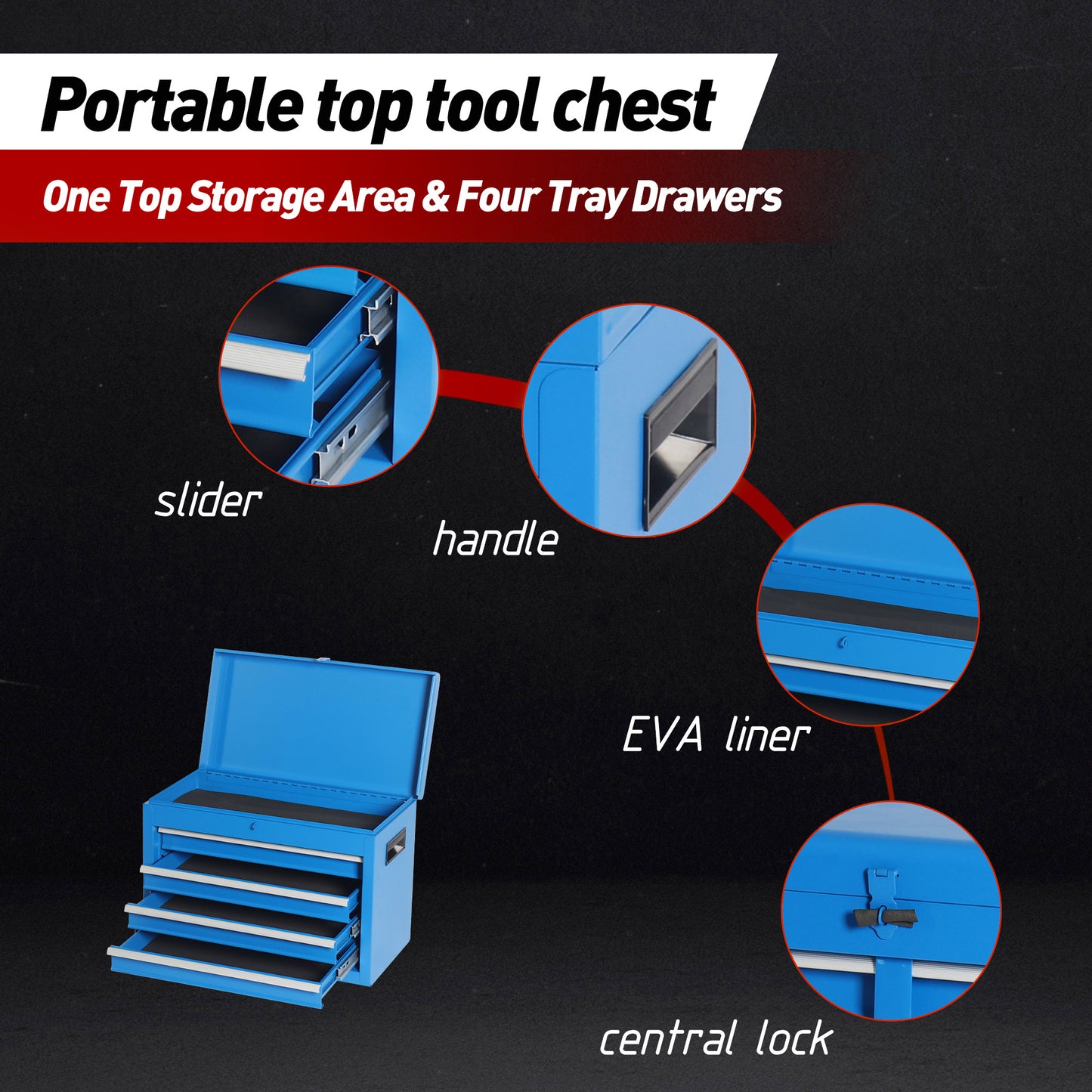 5-Drawer Rolling Tool Chest | Detachable Top Box, Lockable Wheels, Drawer Liner, Adjustable Shelf, Blue