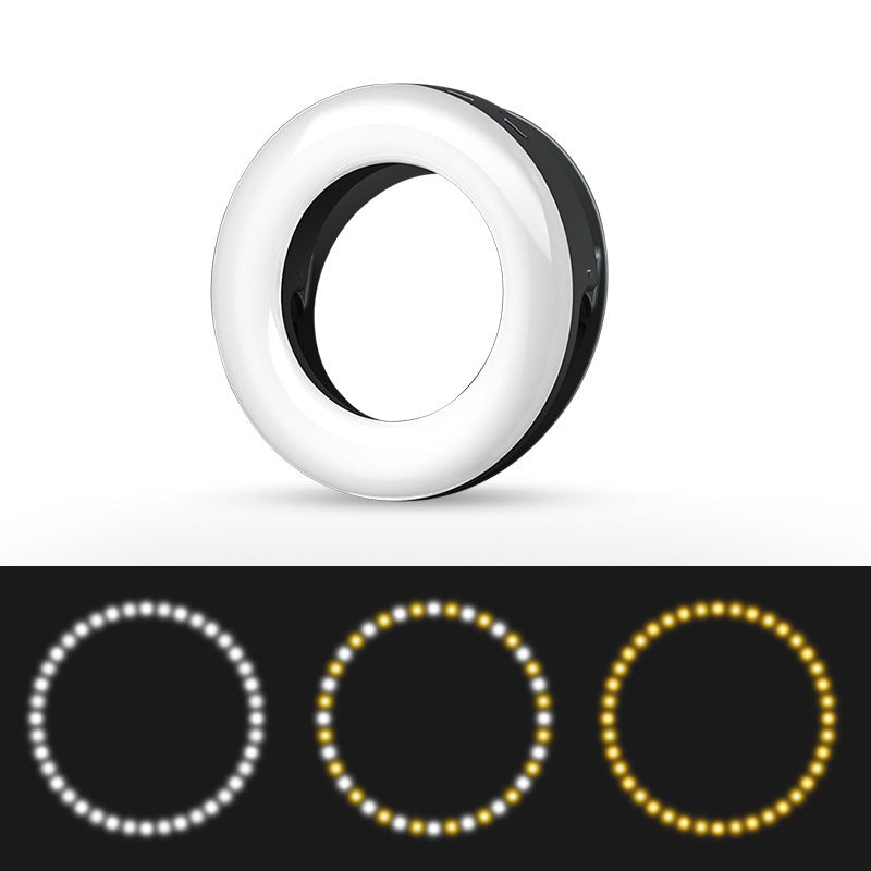 Clip-On LED Selfie Ring Light | 3200K–6500K | 3-Speed Brightness | Micro-USB Rechargeable | 90×90×31mm | CE RoHS FCC | Selfie, Makeup & Live Streaming | Black, Pink & White