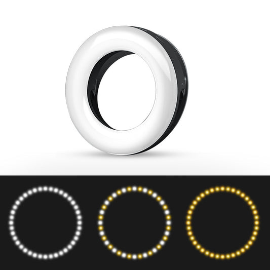 Clip-On LED Selfie Ring Light | 3200K–6500K | 3-Speed Brightness | Micro-USB Rechargeable | 90×90×31mm | CE RoHS FCC | Selfie, Makeup & Live Streaming | Black, Pink & White