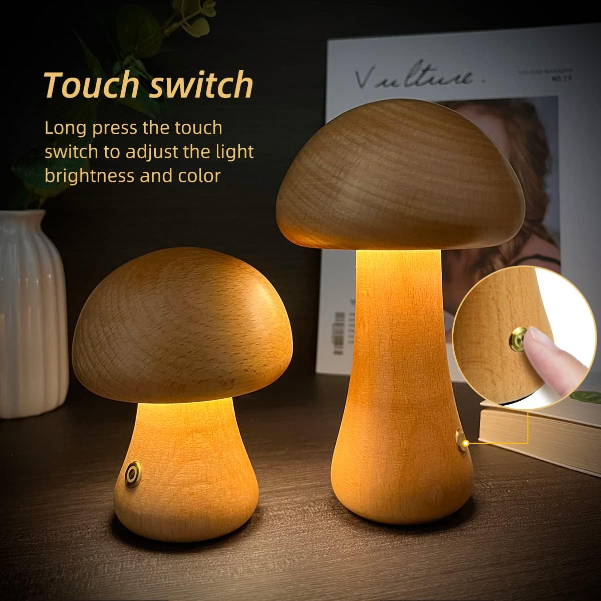 Wooden Mushroom LED Night Light | 2.4W | Touch Switch | 165×100mm | Beech & Walnut | 4 Styles | Bedroom, Kids Room & Home Decor