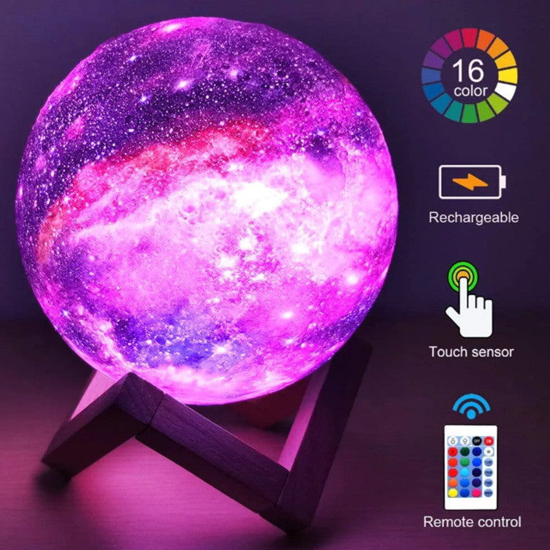 3D Printed Moon Lamp | 16 Colours | Touch & Remote Control | USB Rechargeable | Wood Bracket | 8–20cm | Bedroom, Home & Gift