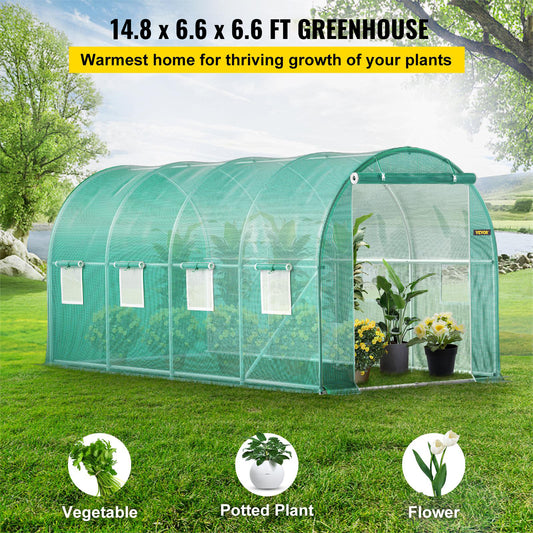 VEVOR 15×7×7ft Walk-in Tunnel Greenhouse | Galvanized Steel Hoops, 8 Roll-Up Windows, Zippered Door, Green