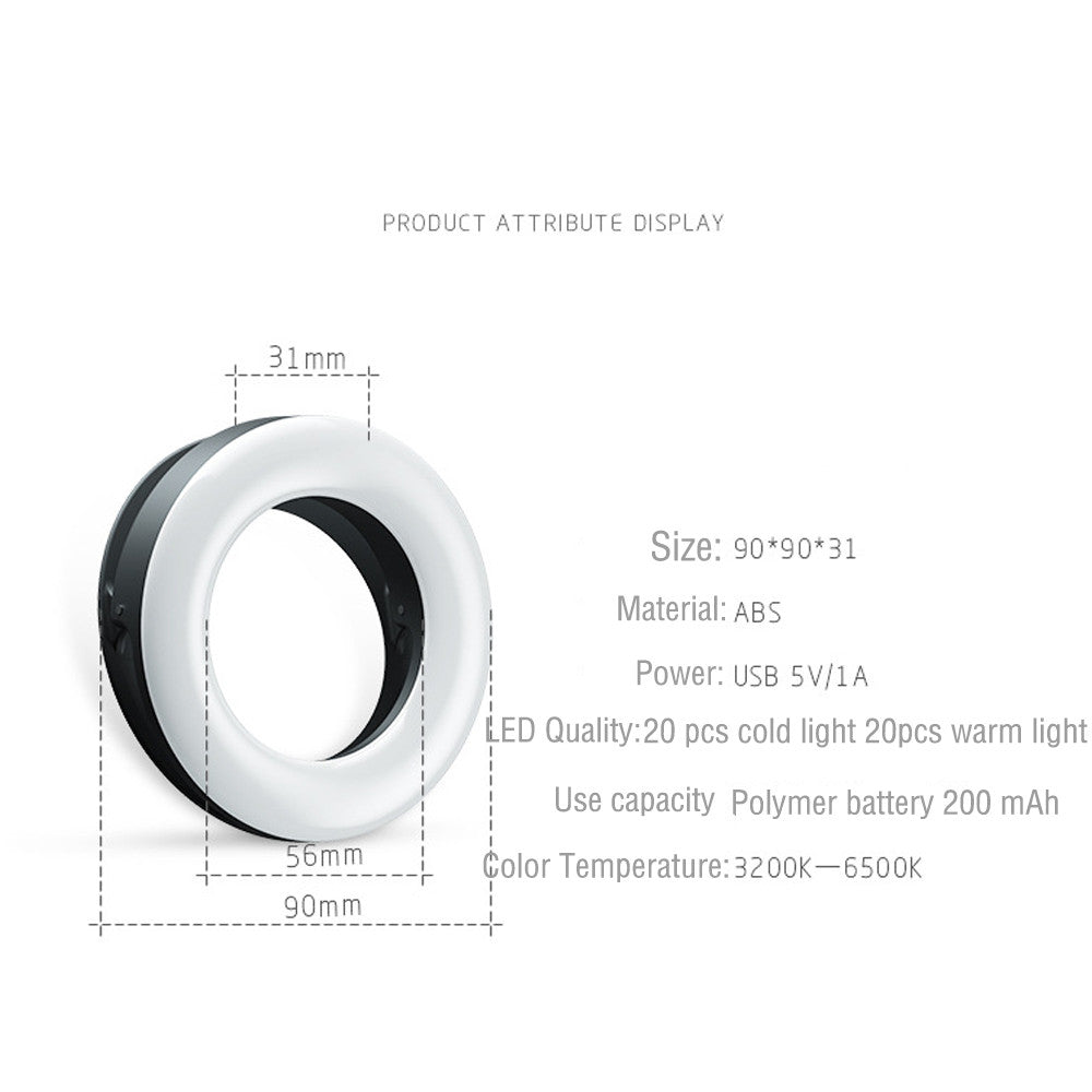 Clip-On LED Selfie Ring Light | 3200K–6500K | 3-Speed Brightness | Micro-USB Rechargeable | 90×90×31mm | CE RoHS FCC | Selfie, Makeup & Live Streaming | Black, Pink & White