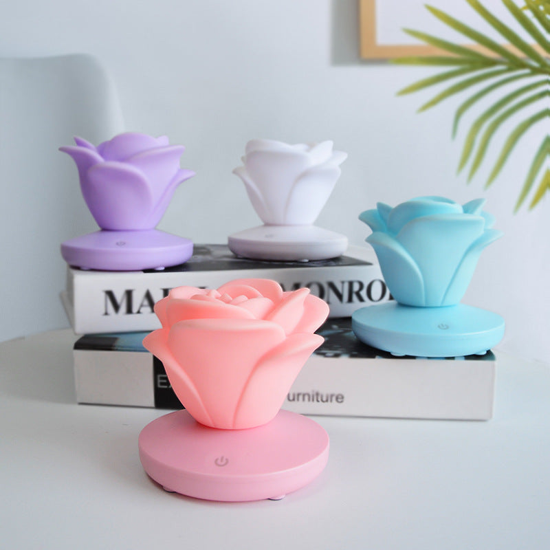 Mini Rose Night Light | 8 LED | 3-Speed Touch Dimming | 1200mAh USB Rechargeable | Soft PVC Petals | 10×10×9.6cm | 8hr Battery | Blue, Pink, Purple & White