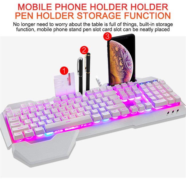 RGB Gaming Keyboard with Phone Holder & Pen Slot | 16 Backlight Modes | Waterproof | USB 2.0 | 0.1ms | Windows & Android | Black & White