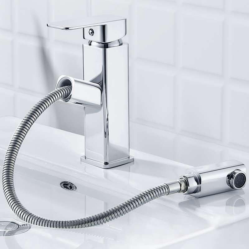 Nordic Brass Brushed Gold Pull-Out Faucet | Hot & Cold, Square Design, High & Low Spout, Golden