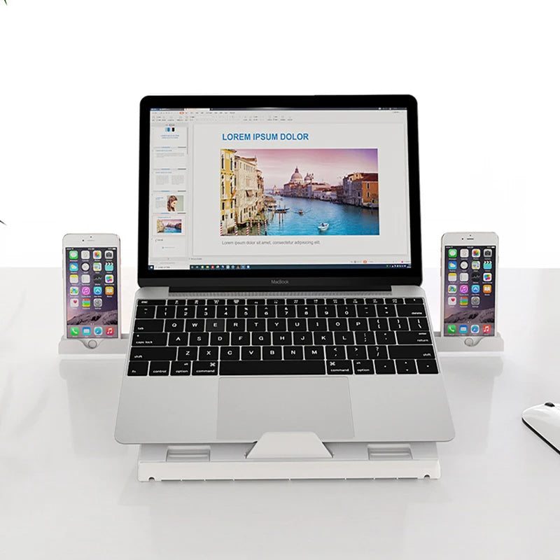 3-in-1 Aluminium Laptop Stand | 9-Level Angle | Dual Phone Holders | Keyboard Storage | Cooling Vent | 10–15.6” | 10kg Load | Black & White