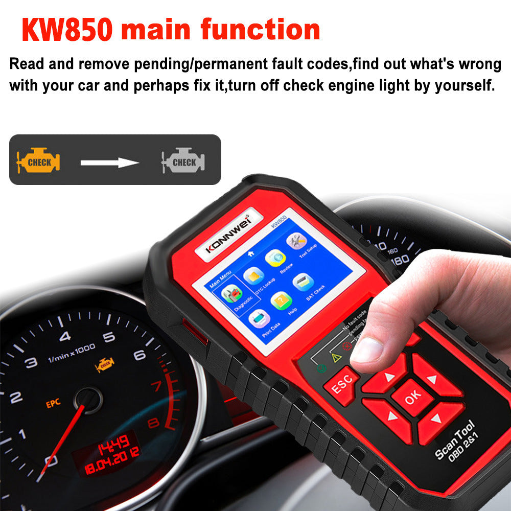 KONNWEI KW850 OBD2 / EOBD Car Diagnostic Scanner | All 10 Modes | CAN Bus | 8 Languages | 1996+ Vehicles