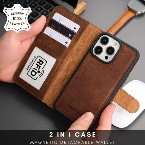 Leather MagSafe Wallet Case for iPhone 16 Pro – Full-Grain with RFID Blocking