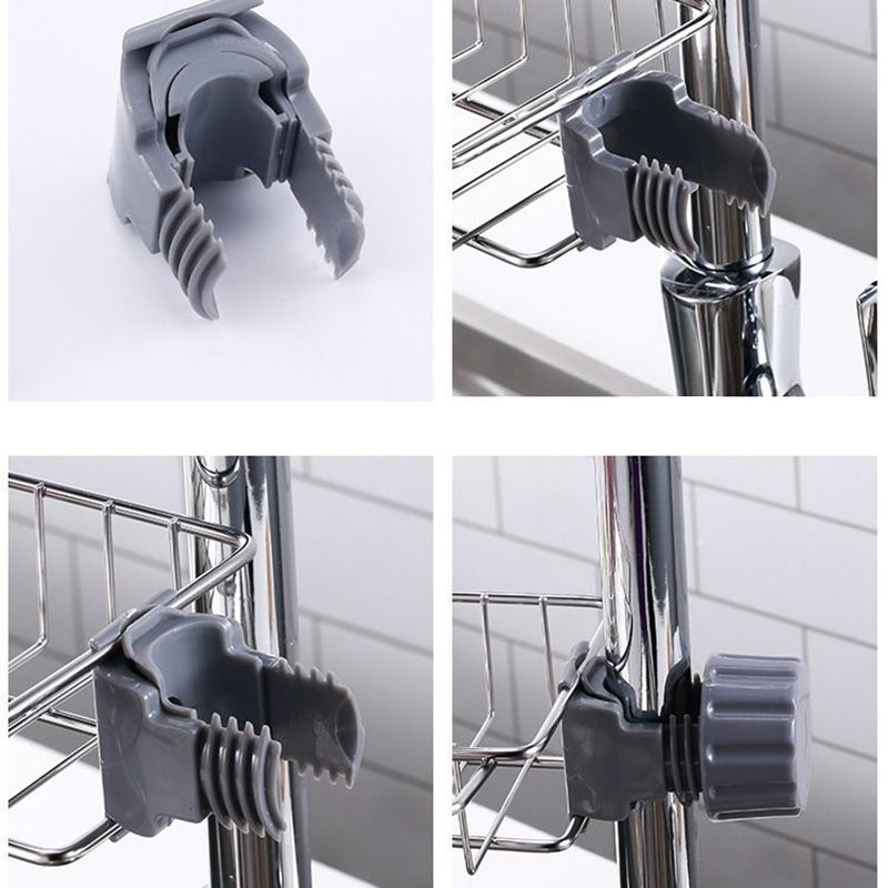 Clip-On Sink Faucet Sponge & Utensil Holder | No Drill | 17.5×9.5×11.5cm | 2-in-1 Detachable Hook | Adjustable Clamp | 201 SS, 304 SS, Black & White Iron | Kitchen & Bathroom