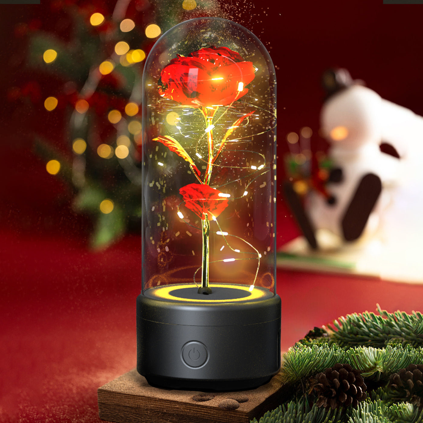 2-in-1 Eternal Rose LED Light & Bluetooth Speaker | Glass Dome | Handmade Preserved Flower | Copper Wire LED | HD Sound | Black & White Base | 5 Flower Colours | Valentine's & Gift