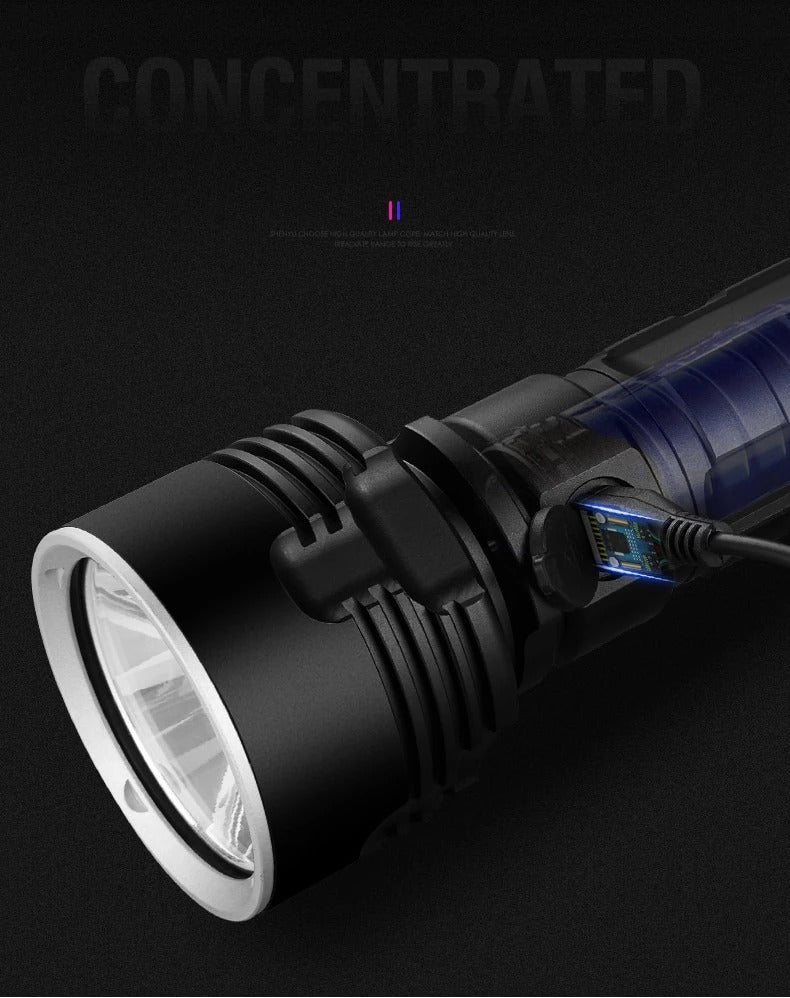 High-Power LED Tactical Flashlight | 20W | 200–500m Range | Aluminium Alloy | Rechargeable | L2 2500mAh & P70 5500mAh | Camping, Hiking, Hunting & Emergency